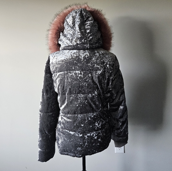 Ci Sono Velvet Gray Winter Jacket with Pink Faux Fur Collar - Picture 2 of 7